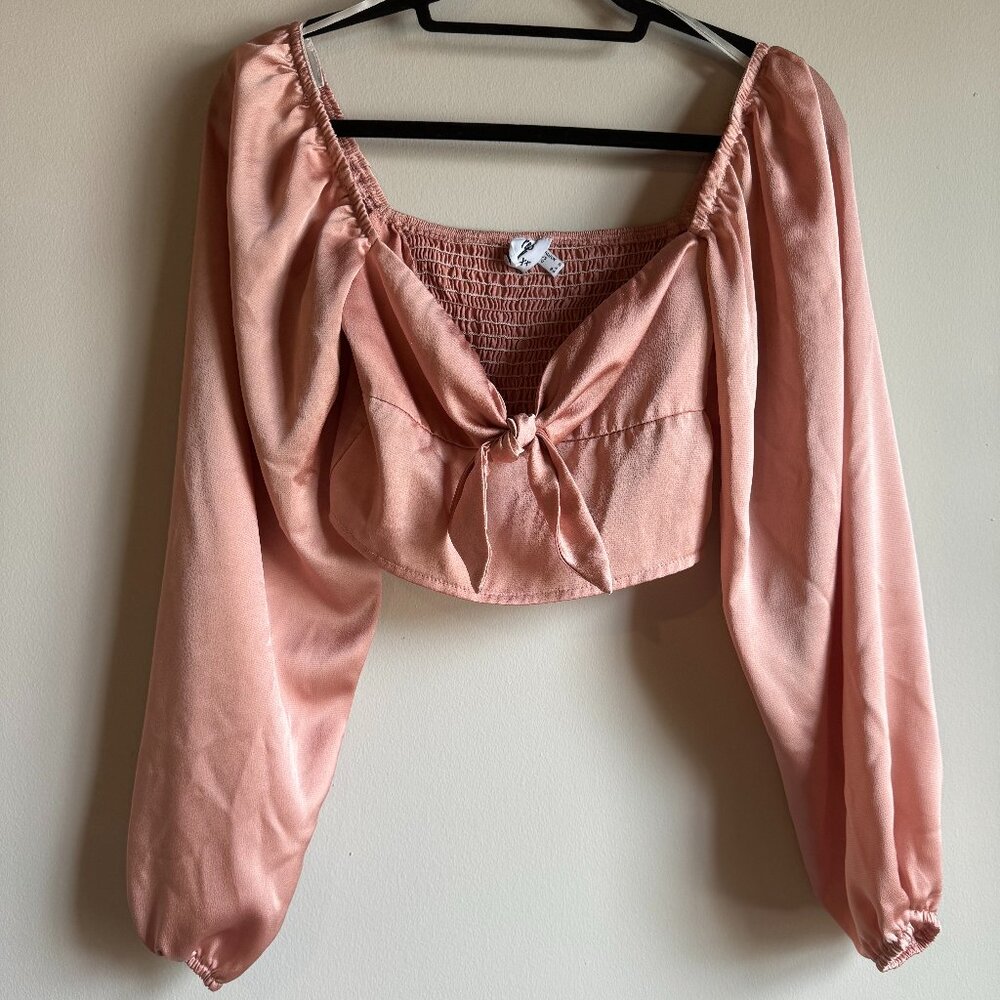 Princess Polly - Puff Sleeve Tie Front Pink Cropped Blouse - Sz 4
